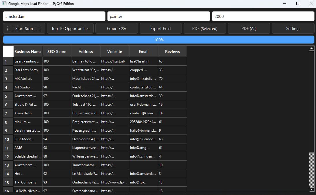 LeadFinderPro search results screen showing local business leads ready to export to CSV or Excel